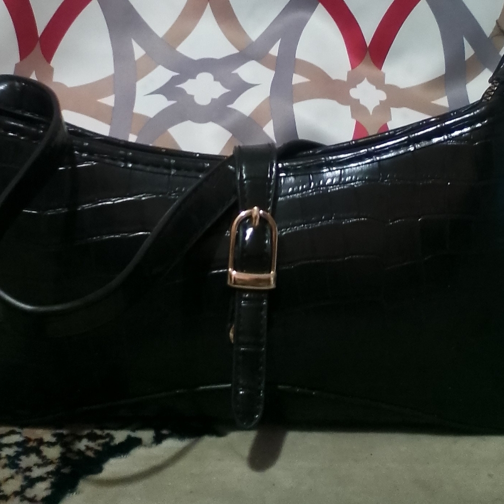 MOTF Black Crocodile-Embossed Shoulder Bag